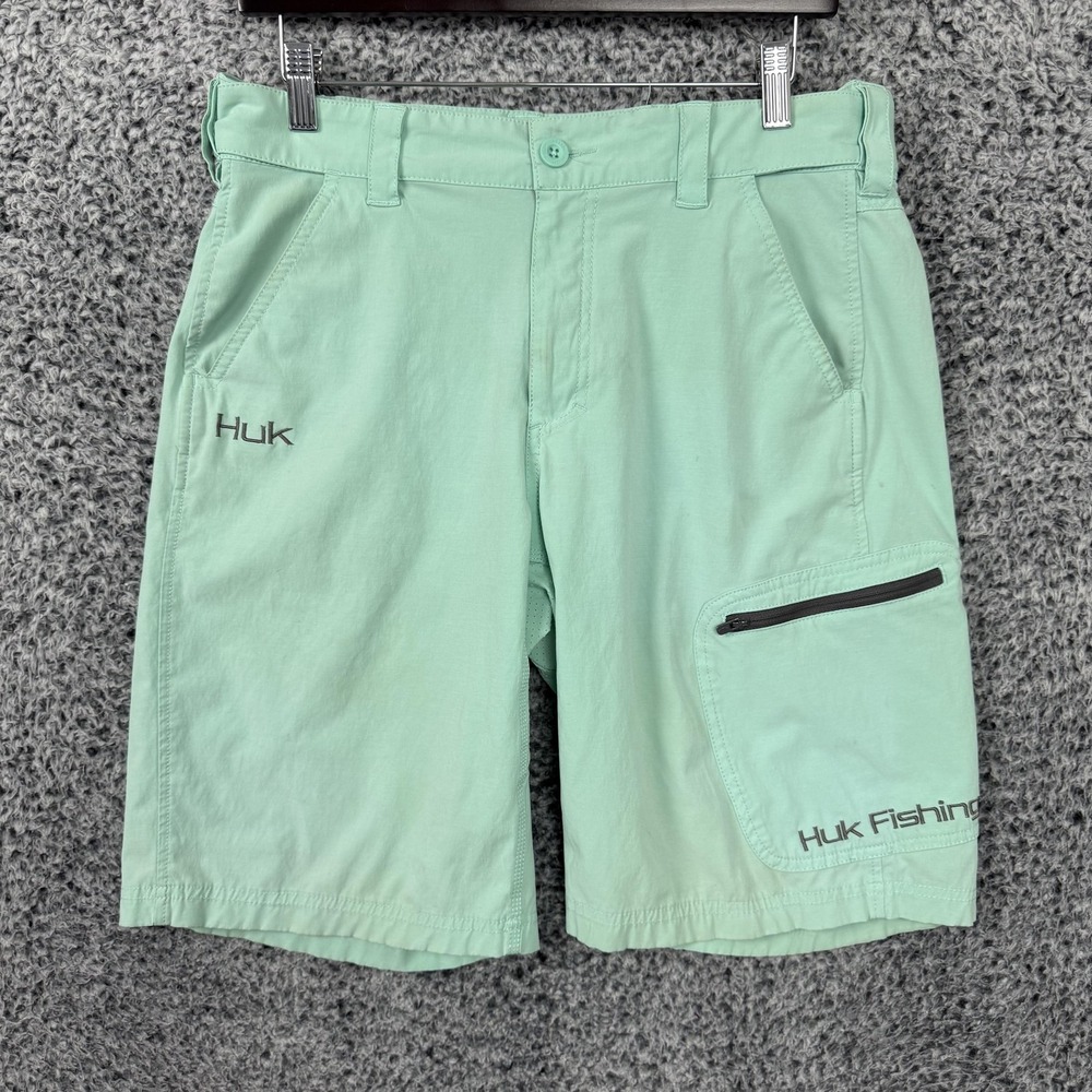 Huk Shorts Mens Medium 34 Green Fishing Quick Dry Stretch Zip Pockets 10" Inseam